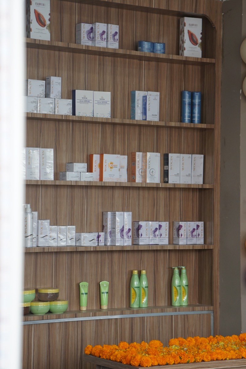 Product and treatment shelf inside Reba salon